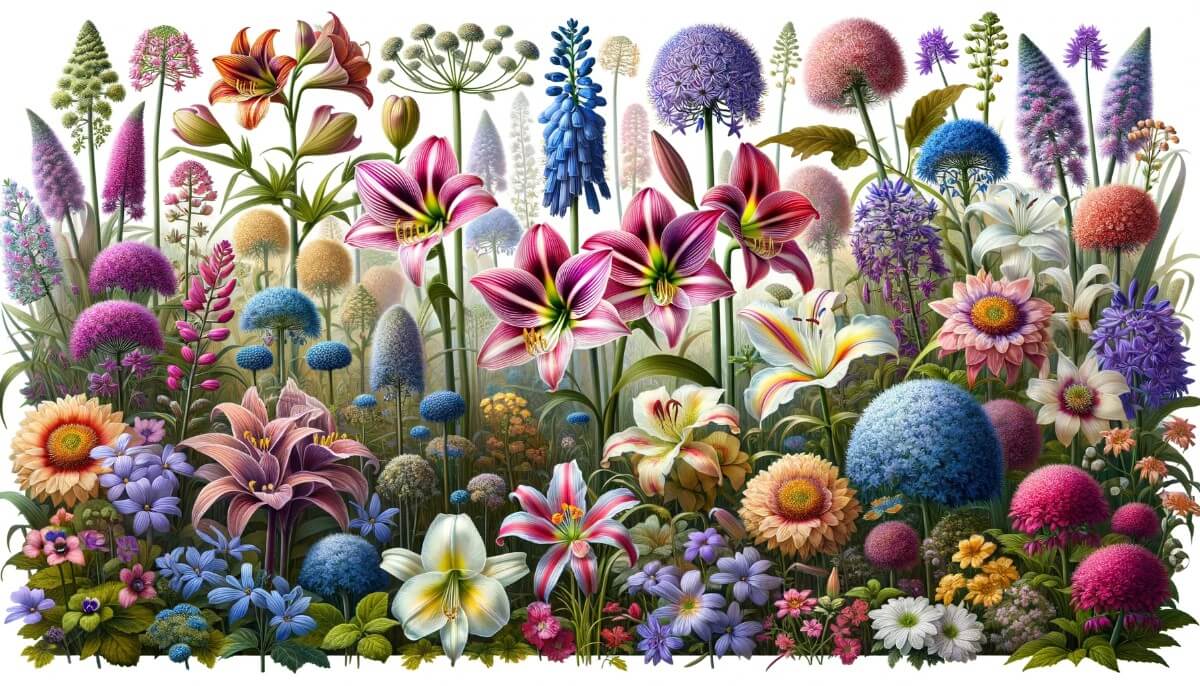 A lush garden scene with a diverse array of flowers, featuring a harmonious blend of Amaryllis, Aster, Alstroemeria, Anemone, Azalea, and other blooms beginning with the letter 'A', arranged in a wide, vibrant display.